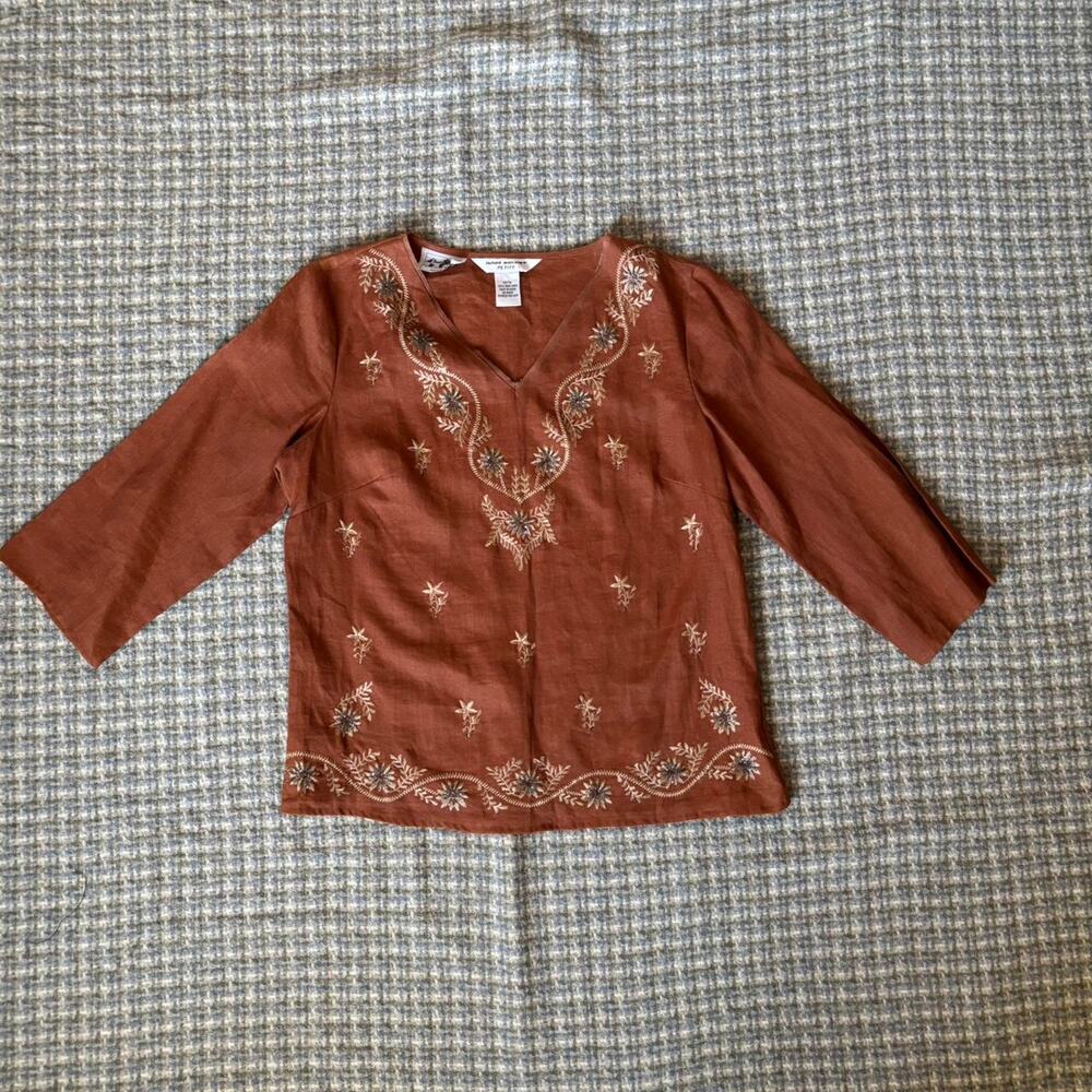 Irish Linen Embroidered & Beaded 3/4 sleeve Vintage Blouse Clay Boho